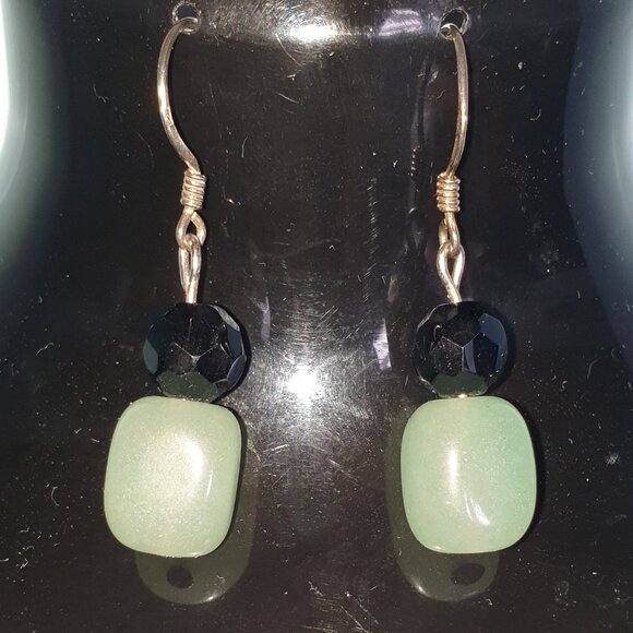 Pretty Vintage 925 Sterling Silver Aventurine & Black Glass Bead Dangle Earrings - Picture 7 of 14